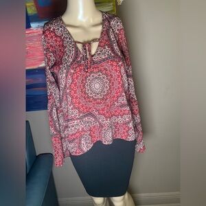 Abercrombie & Fitch Red Black Boho Floral Mandala Print Bell Sleeve Blouse Tp XS